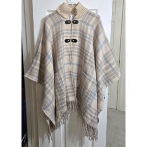 Astor Ruana Poncho Women's 1 size fits all Beige/White Blue Plaid NWT